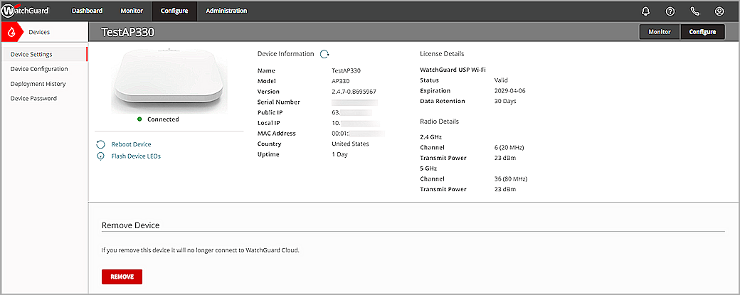 Screenshot of the AP Device Settings page in WatchGuard Cloud